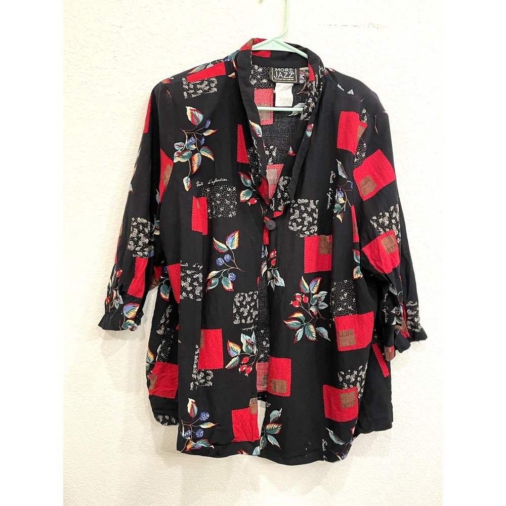 More Jazz Vintage Cardigan Top Black Fruit Size‎ 22 Shoulder Pads 90s Grunge USA
